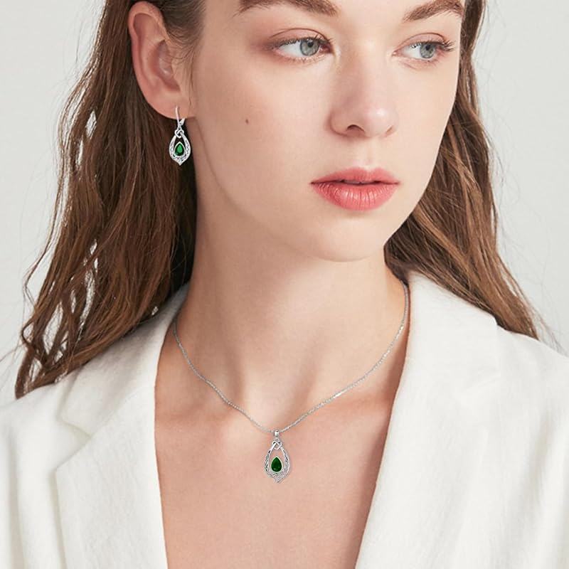 Emerald Green Celtic Knot Necklace, 925 Sterling Silver